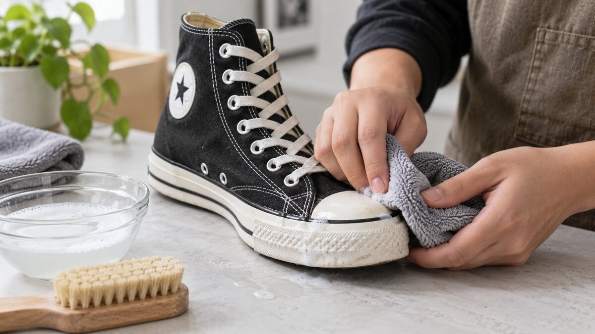 Ilustrasi membersihkan ujung karet sepatu kanvas hitam dengan kain lembap